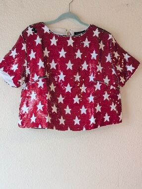 Sequin Star Coloring Changing Crop Top - Red & White/Blue & White